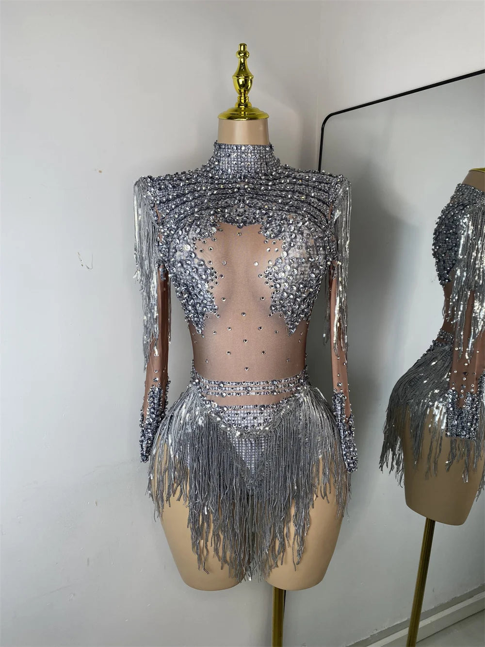 Sparkly Crystal Diamond Sexy Sheer See Through Shining Tassels Dress Long Sleeve Prom Dress Birthday Party Performance Dress