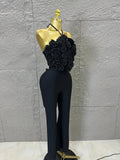 Elegant Two Piece Set Women Halter 3D Flower Crop Top High Waist Flare Pants Bandage Suit Party Casual Formal Wear