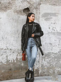 Women's Motorcycle Leather PU Imitation Leather Loose Jacket Black Jacket