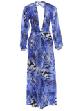 Tiger Stripe Print Long Dress Woman Autumn Trend Deep V-Neck Backless Lantern Sleeve Beach Party Elegant Vestidos
