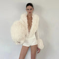 White Faux Curly Fur Bodysuit Women Chic Solid Deep V Long Fluffy Sleeves Shorts Bodysuit 2026 Lady Party Street Matching Suit