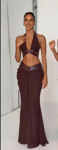 Women Metallic Trim 2 Piece Set Halter Deep V Cutout Crop Top High Waist Ruched Draped Mermaid Skirt Suit Lady Evening Outfit