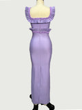 Luxury Violet Bandage Long Dress Women's Ruched Beaded Tight Strap Maxi Dress Elegant Celebrity Evening Birthday Party Vestidos