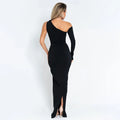 Solid Slimming Spliced Appliques Dresses for Women Slash Neck Long Sleeve High Waist Sexy Dress Female New