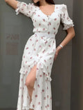 White Pink Floral Choker Neck Dress Women Elegant V-neck 3/4 Sleeves Peplum Ruffle Hem Long Dresses 2026 Lady Daily Vestidos New