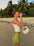 Women's Lime Green Sequined skirts Set 2 pieces sexy Spaghetti Strap Crop Top Mini Skirt with Tassel Lady Party Outfits