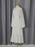 Elegant Vintage Green Lace Midi Dress for Women High Neck Sheert Flare Sleeve Belted Waist Desgin for Luxury Dinners Party