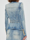 Shoulder Pud Designer Denim Coat for Women Deep V Nek Long Sleeve Patchwork Sashes Sexy Fashionable Jacket Female Clothing
