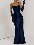 Sexy Satin Evening Long Dresses for Women Square Collar Sleeveless High Waist Folds Slimming Bodycon Dress Female