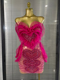 Women Sexy Sparkly Rhinestone Strapless Mesh See Through Mini Dress Eveing Party Birthday Singer DJ Nightclub Bar Stage Costume