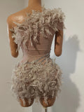 Sexy Sparkly Rhinestones One Shoulder Mesh See Through Mini Dress Women Birthday Evening Celebrate Party DJ Nightclub Stage Wear