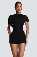Ladies Bodycon Mesh Ruched Romper Asymmetric Draped Shoulder Mock Neck Short Jumpsuit Slim Fit Wrap Hem Cocktail And Clubwear