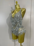 Luxury Sparkly Rhinestone Sequins Tassel Mesh Bodysuits Women Celebrate Eveing Birthday Party Nightclub Bar Dencer Stage Costume