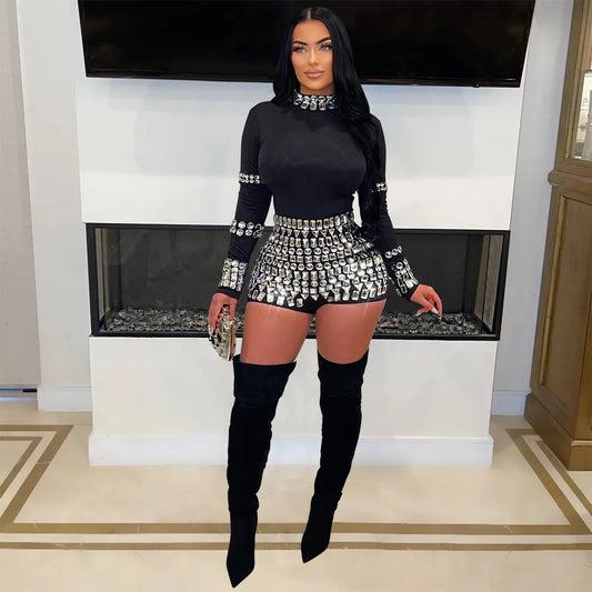 Women One Piece Outfits Bodycon Romper Jumpsuit Sexy Long Sleeve Skinny Club Party Rhinestones Romper Crystal Playsuits