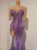 Sexy Sparkly Purple Diamond Tassel Strapless Mesh See Through Long Dress Birthday Evening Party Nightclub Bar DJ Show Stage Wear