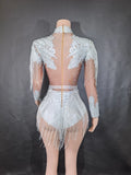Sexy Skinny Leotard Singer Dancer Show StageWear Sparkly Blue Rhinestones Women DanceCostume Fringes One Shoulder Bodysuit  7G