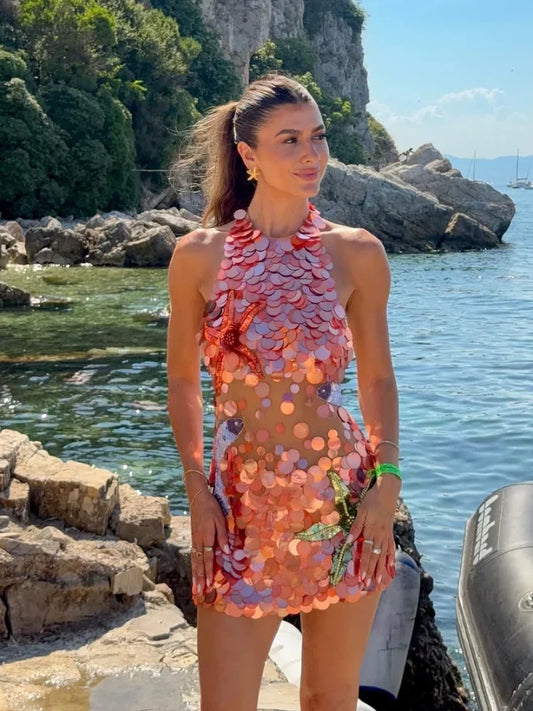 Women Orange Sequin Mini Dress Starfish Fish Applique Sheer Backless Halter Mesh Short Dress Lady Beach Party Vacation Vestidos