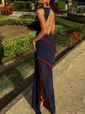 Elegant Spliced Sheer Mesh Dress for Women O Neck Sleeveless High Waist Hit Color Slimming Evening Dresses Female