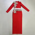 Women Long Sleeve Diamond Flowers 2 Pieces Bodycon Mini Bandage Dress Celebrate Nightclub Party Outfit Vestido