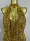 Shiny Rhinestone Tassel Gold Mini Dress Women Elegant Prom Gown Evening Party Sexy Nightclub Birthday Photoshoot Stage Costumes