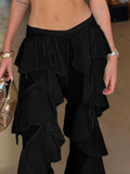 Street Hot Girl Style Pants for Women Low Waist Spliced ruffled Fashion Sheer Mesh Flared Trousers Female Autumn