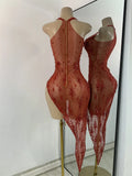Sparkly Gold Design Evening Party Dress Luxury Rhinestones See Through Sexy Women's Clothing Mesh Stretch Birthday Dresses