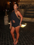 Ruched Elegant 2 Piece Set Woman Tierred Design Halter Backless Irregular Tops+Mini Shorts Beach Party Style Suits