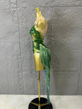 Luxurious Green Rhinestone Sheer Bodysuit Tassel Tail Ideal for Clubbing Festivals and Special Occasions Stage Performance