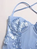 Hot Girl Blue Maxi Dresses for Women Square Collar Sleeveless Patchwork Embroidery Party Fishtail Dress Female New