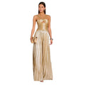 Women's Halter Crisscross Cutout Front Pleated Metallic Maxi Dress Slim Waist Backless New Wide Flare Skirts Floor Length Party