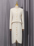Minimalist Style Two Piece Set Female O Neck Long Sleeve Top with Button High Waist Split Bodycon Office Skirts Suit Female