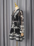 Vintage Indie Folk Style Print Dress for Women V Neck Three Quater Sleeves Patchwork Hollow Out Tiered Dresses Female New