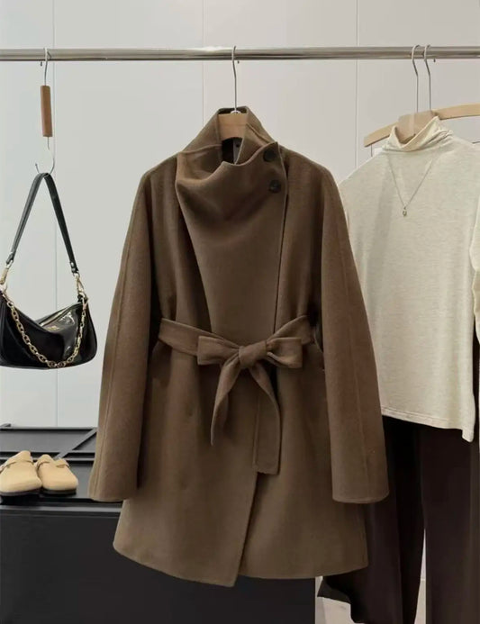 Original High-quality 2026 New Style, Featuring A 50% Wool High-neck and Belted Wool Blend Coat for Women