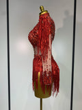 Women Long Sleeve Sexy Stretch Bodycon Shinning Tassels Rhinestones Bodysuit Celebrate Birthday Club Evening Party Stage Outfit