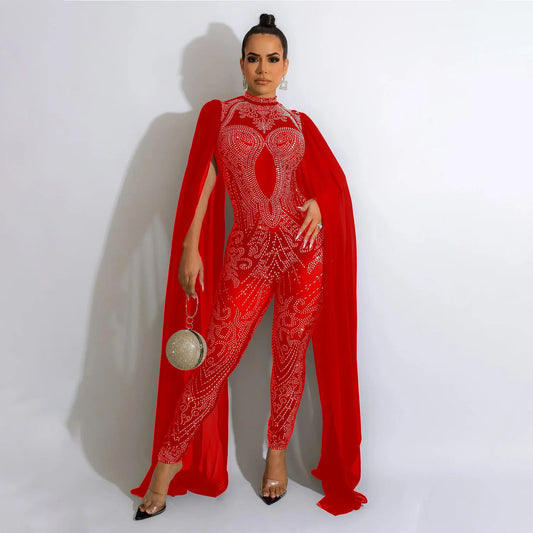 Shawl Sleeve Mesh Crystal Jumpsuit Women's Jumpsuit Luxury Transparent Sequins Party Jumpsuit Birthday Set Prom Dresses