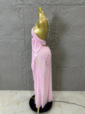 Sexy Halter Neck Maxi Dress Crystal Chain Cutout Ruched Women Sheer Mesh Form Outfit Glamorous Evening Gala Party Costume