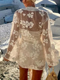 Solid Losoe Spliced Sheer Fashion Bloues for Women V Neck Long Sleeves Patchwork Lace Elegant Top Female Clothing