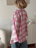 American Streetwear Pink Plaid Shirt for Women Lapel Removable Designer Long Sleeve Casual Shirts Female Fashion