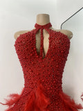 Sexy Halter Beading Feather Mini Dress For Women Backless Luxury Birthday Celebrity Evening Gowns Performance Wear