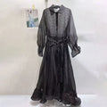 Solid Chic Soft Floral Hollow Out Sheer Flowy Shirt Midi Dress For Women Lapel Long Sleeve Belted Ruffle Hem Vacation Outfit