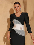 Women Celebrity Sexy Long Sleeve Patchwork Black Maxi Long Bodycon Bandage Dress 2024 Elegant Evening Club Party Outfit