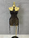 Sexy Crystal Mesh Halter Mini Dress Women Sheer Sequin Embellished Bodycon Outfit Birthday Party Nightclub Performance Costume