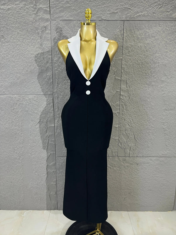 Black White Contrast Lapel Halter Neck Sleeveless Bodycon LongBodysuit With Decor Buttons Evening Party Formal Occasion Stage