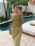 Slash Neck Dress Women Chic Elegant Sexy 2025 Patchwork Mesh Ruched Hollow Birthday Party Clubwear  Vacation Vestidos