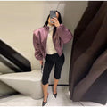 High Street Women's Bomber Jacket Coat Loose Fit Stand Collar Long Sleeve Crop Tops 2026 New Lady Outerwear Casual Daily Outfit