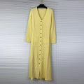 Black Casual Knit Midi Dresses For Women V Neck Gold signle Buttons Accent Textured Fabric Pleated Skirt For Office Commute
