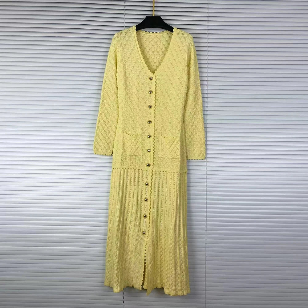 Black Casual Knit Midi Dresses For Women V Neck Gold signle Buttons Accent Textured Fabric Pleated Skirt For Office Commute