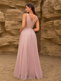 Sleeveless Evening Dresses V-Neck Sequined Embroidery Long Party Gown Clothing Elegant Mesh A-Line Formal Wedding Dress