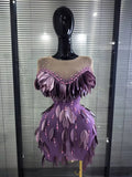 Purple Color Women Sexy Shining Rhinestones Mesh See Through Bodycon Mini Dress Sequined Celebrate Nightclub Party Birthday Wear