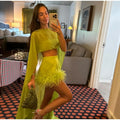 Lime Two Piece Set Long Flowing Cape Crop Top Feather Trim High Waist Mini Skirt 2026 Summer Party Lady Chic Outfit